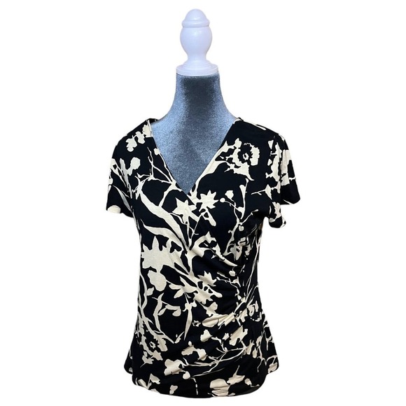 Talbots Floral Short Sleeved Blouse Black and Tan Small Petite - Picture 1 of 4